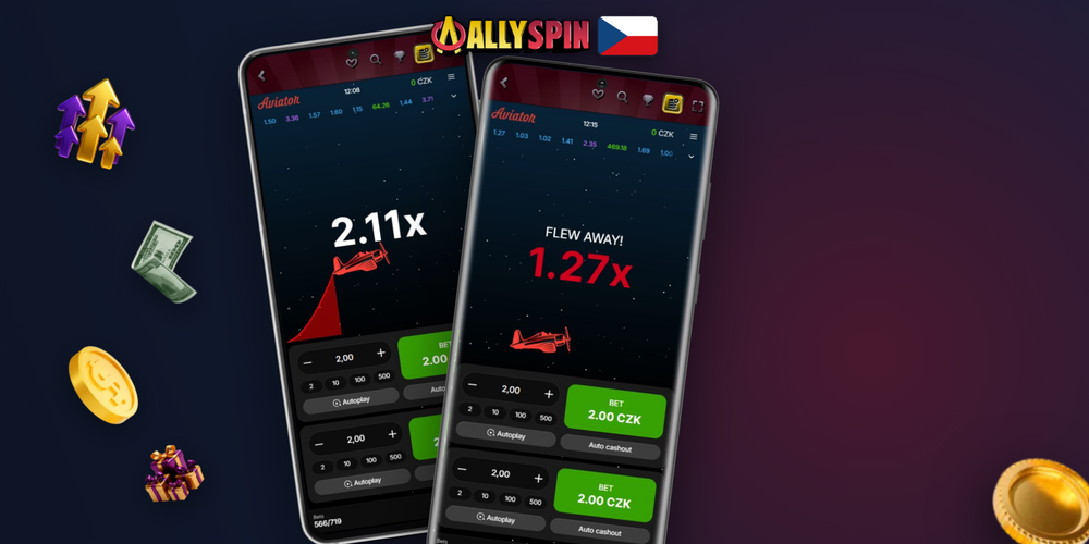 Herní rozhraní Aviator v Allyspin Casino app s rostoucím násobiče a tlačítkem cashout