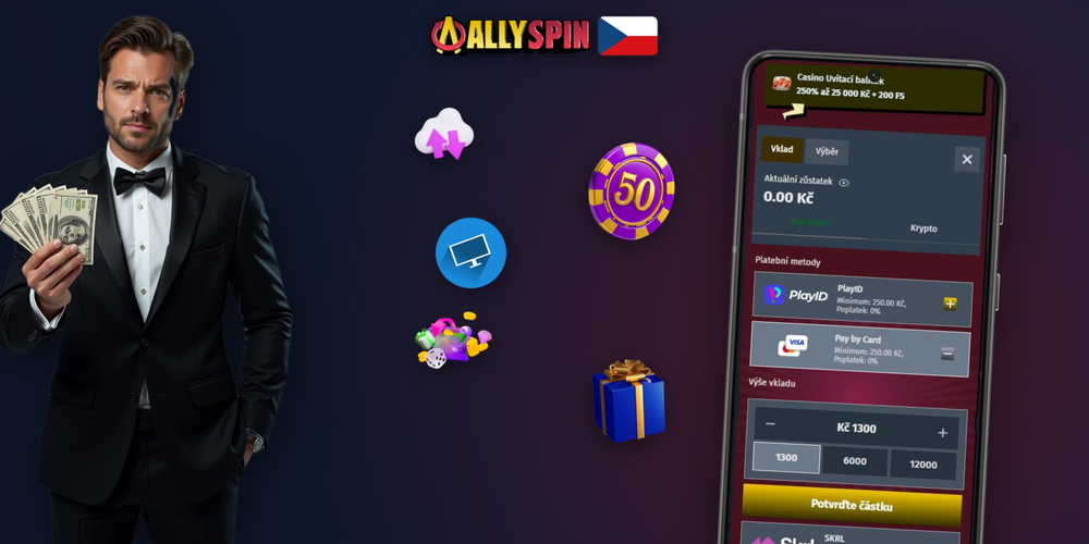 Rozhraní pokladny Allyspin Casino s dostupnými metodami vkladu v korunách